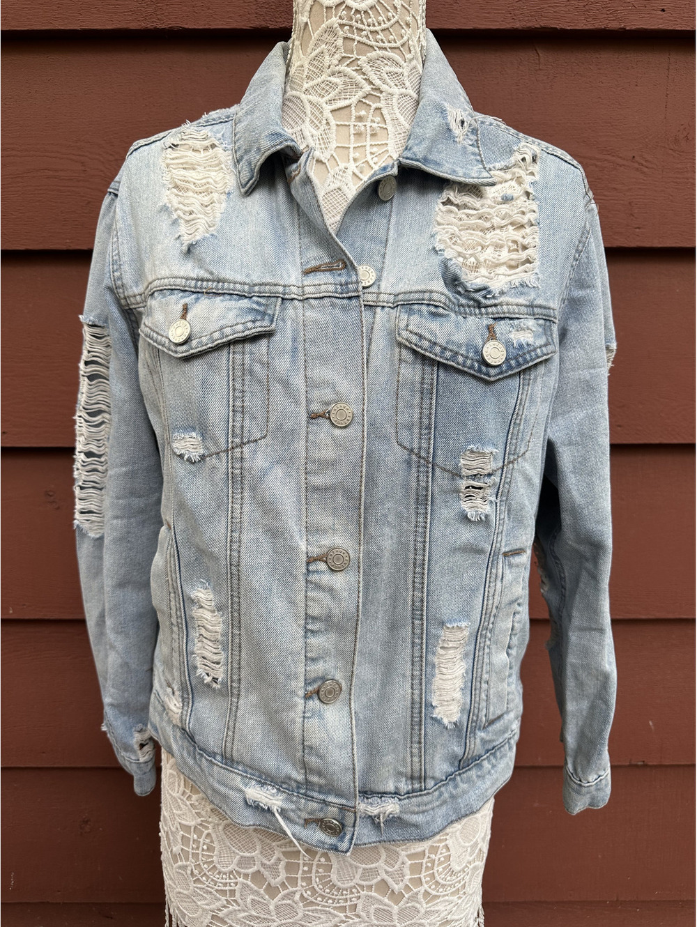 Charlotte Russe Heavy Distressed Light Wash Denim Jacket with Distressed Back